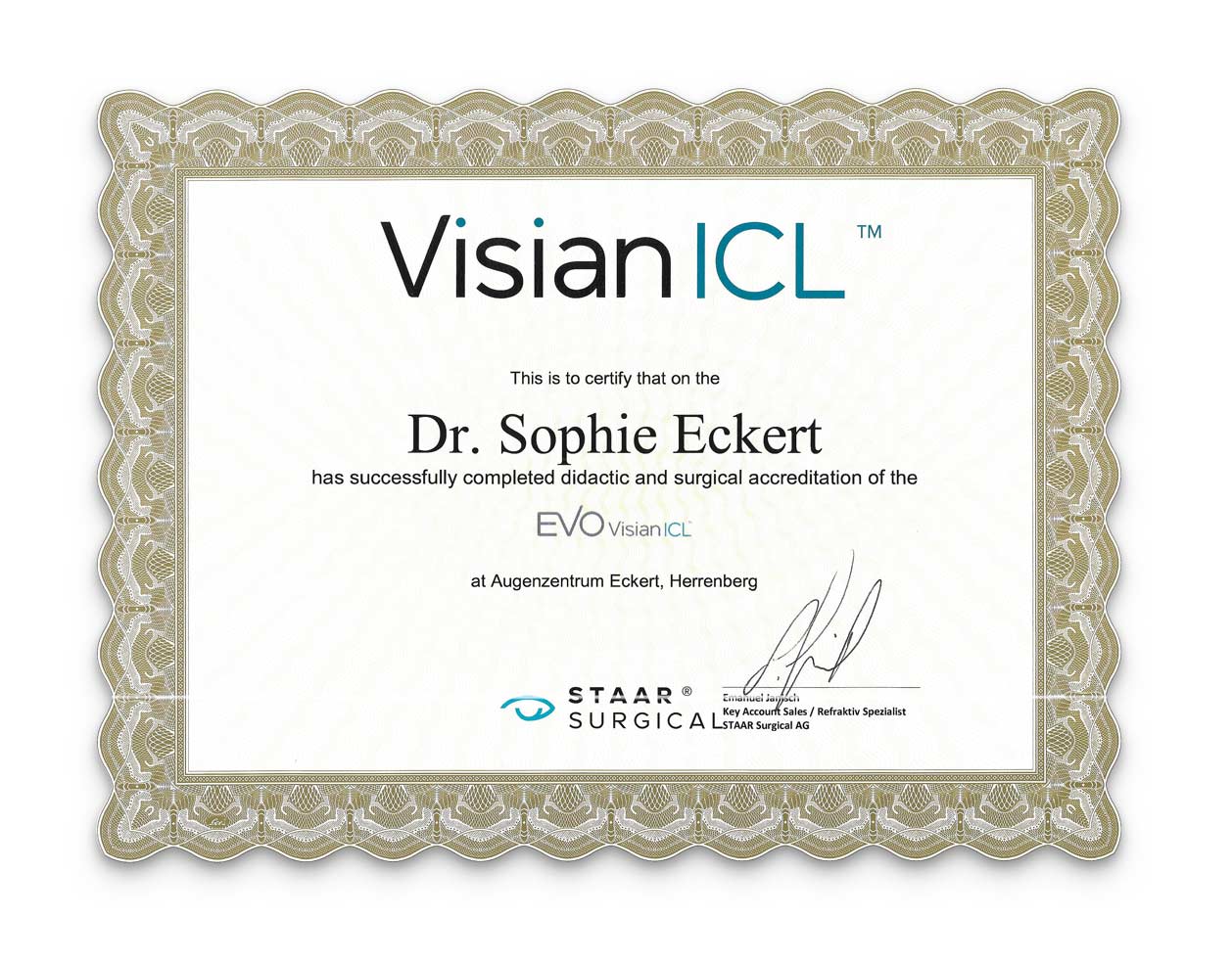 Visian ICL Zertifikat von Dr. Sophie Eckert